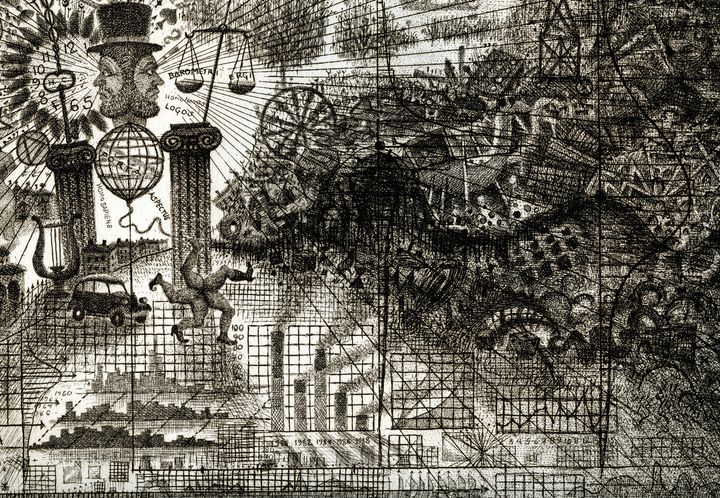 Kuva:  Osa Simo Hannulan teoksesta "Ennus". Etlan tilaama originaaliteos vuodelta 1989. Ennus on myös Etlan juhlavuoden 2026 merkkiteos ja teoksen visuaalisuus näkyy monin tavoin ensi vuoden aikana.