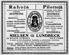 Ilmoitus New Yorkin Uutiset lehdessä 1911: Rahoja lähetetään kaikkiin paikkoihin Suomessa, pilettejä paluumatkaa varten kaikille paraimmille linjoille Suomeen halvimpiin hintoihin.