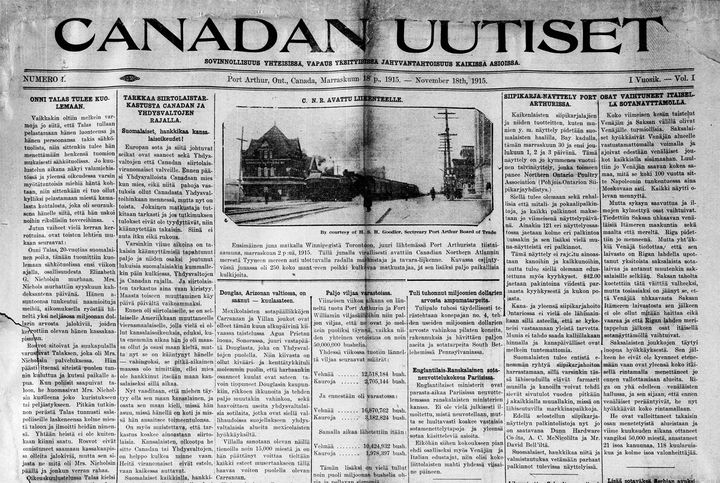 Canadan uutisten etusivu vuodelta 1915. Lehden mottona oli “sovinnollisuus yhteisissä, vapaus yksityisissä ja hyväntahtoisuus kaikissa asioissa”. Lähde: digi.kansalliskirjasto.fi.