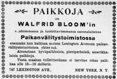 Ilmoitus New Yorkin Uutisissa 1911: työpaikkojen paikanvälitystoimiston mainos
