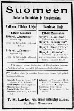 Ilmoitus höyrylaivamatkoista Työmies-lehdessä 1907: Valkean tähden Linja ja Dominion Linja.