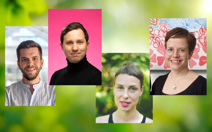 Mattia Cordiolin, Paavo Huotarin, Ita Puuseppin ja Ina Satokankaan muotokuvat ryhmiteltynä vihreäsävyiselle taustalle.