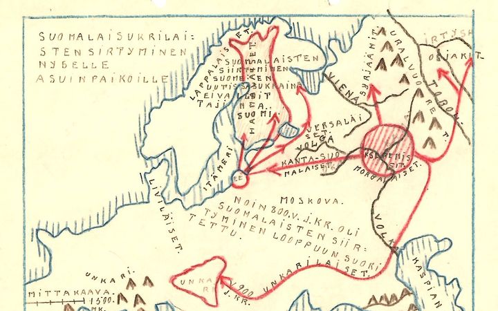 Kartta, jonka koululainen piirsi historiantunnilla vuonna 1935.
