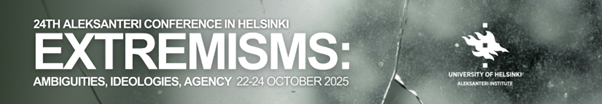 Teksti: "24th Aleksanteri Conference in Helsinki. Extremisms: Ambiguities, Ideologies, Agency. 22-24 October 2025." Vasemmalla halkeamia muistuttava kuvio, oikealla Helsingin yliopiston logo.