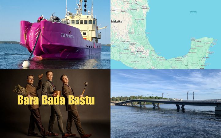 Ylävasemmalla kuva Telepaatti-aluksesta, yläoikealla Meksikonlahden alueen kartta. Alavasemmalla kuva KAJ-yhtyeestä ja yhtyeen nimi, alaoikealla kuva Finkensillasta.