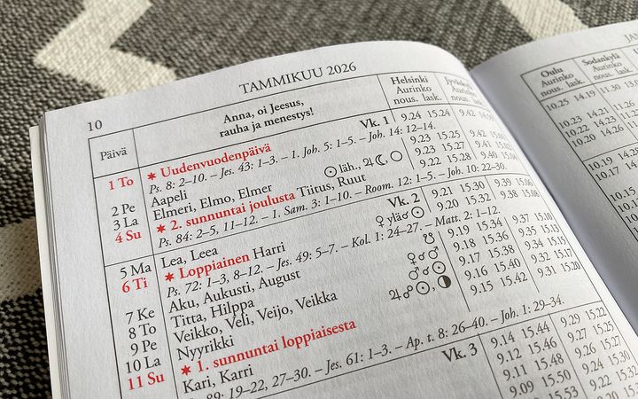 Avattu kalenteri tammikuulta 2026, esillä pyhäpäivät ja nimipäivät.