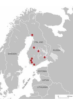 Tutkimusalueen kartta, jossa on merkitty kahdeksan kohdetta Suomessa.