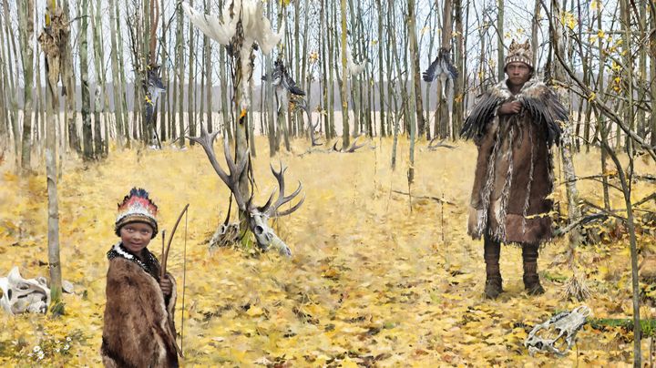 Taiteilijan näkemys Skateholmin hautasaaresta. Etualalla on poika, joka pitelee jousipyssyä. Taustalla on aikuinen ihminen ja metsämaisema.