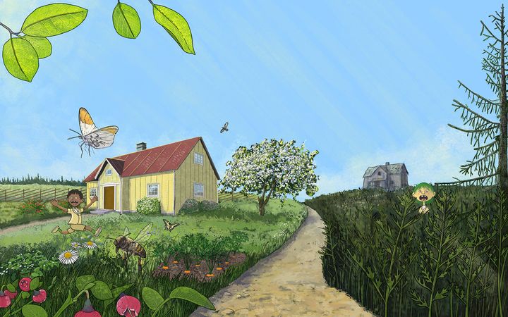 Kuvassa on piirretty maalaismaisema, jossa on keltainen talo, kukkiva puu ja erilaisia pölyttäjiä, kuten mehiläisiä ja perhosia.