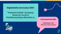 Kuvassa kaksi puhekuplaa, joista ensimmäisessä on teksti "Digitukiteko-tunnustus 2024: "Henkkarit kaikille" -kampanja, Vesannon kunta ja Kehittämisyhdistys Mansikka ry". Toisessa puhekuplassa teksti "Kunniamaininta 2024: Digiohjaaja-malli, Rikosseuraamuslaitos".