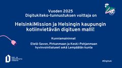 Kuvassa kerrotaan sinisellä pohjalla vuoden 2025 Digitukiteon voittajat ja kunniamaininnan saajat.