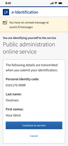 This is what the reminder looks like that is shown during Suomi.fi e-Identification​​​​​​​, informing you that you have a new unread message in Suomi.fi Messages. Image showing the view when signing in with a mobile device.