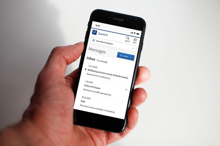 The image shows the view of the inbox for received messages in Suomi.fi Messages.