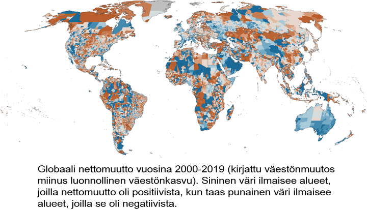 Maapallon muuttoliikettä kuvaava karttagrafiikka.