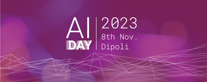 Violetilla pohjalla teksti: AI Day 2023, 8th Nov, Dipoli