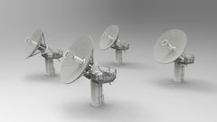 Havainnekuvassa harmaalla pohjalla neljä radioteleskooppia.