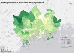 Kuvaaja pääkaupunkiseudun puiden latvuspeitosta eri kaupunginosittain, esitetty eri vihreän sävyin prosenttiosuuksien perusteella.