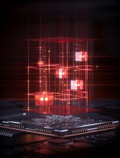 Digitaalinen kuva, jossa on hehkuvia punaisia kuutioita leijumassa tummalla taustalla, luoden futuristisen ja teknologisen vaikutelman.