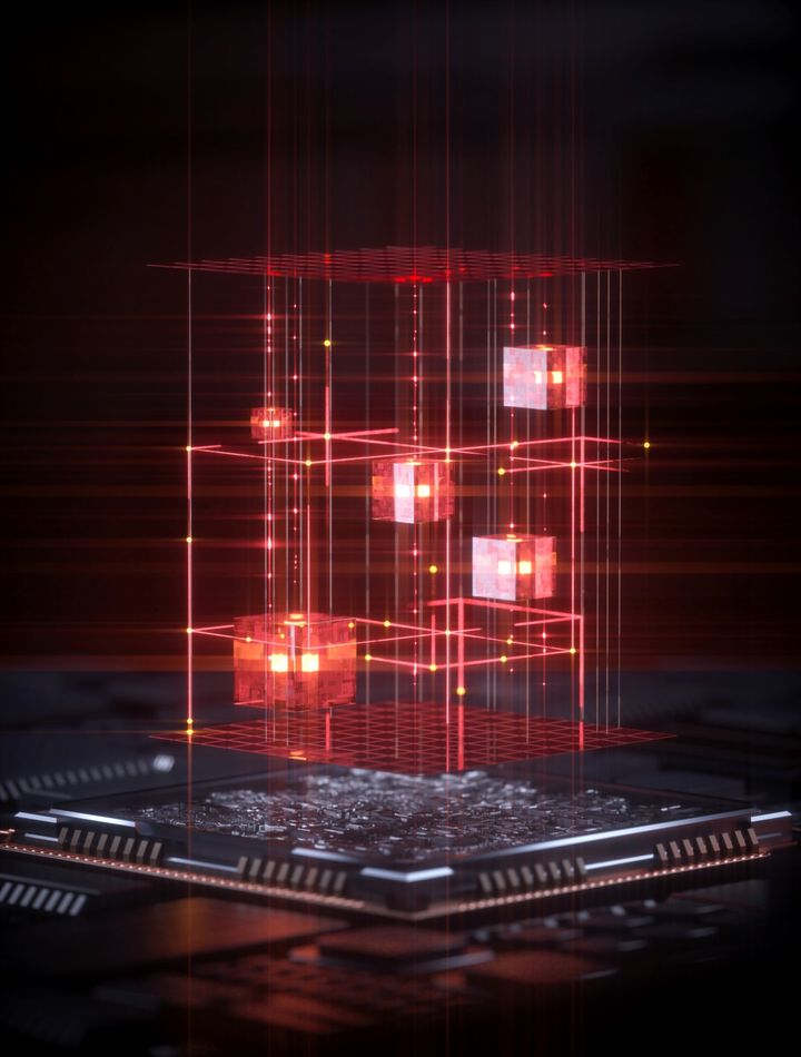 Digitaalinen kuva, jossa on hehkuvia punaisia kuutioita leijumassa tummalla taustalla, luoden futuristisen ja teknologisen vaikutelman.