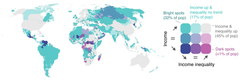 World map showing income and inequality trends. Regions are color-coded: light teal for increasing income with no inequality trend (32% of population), teal for income and inequality increase (17%), and dark purple for declining income and rising inequality (<1%). Most areas are in various shades indicating different scenarios.