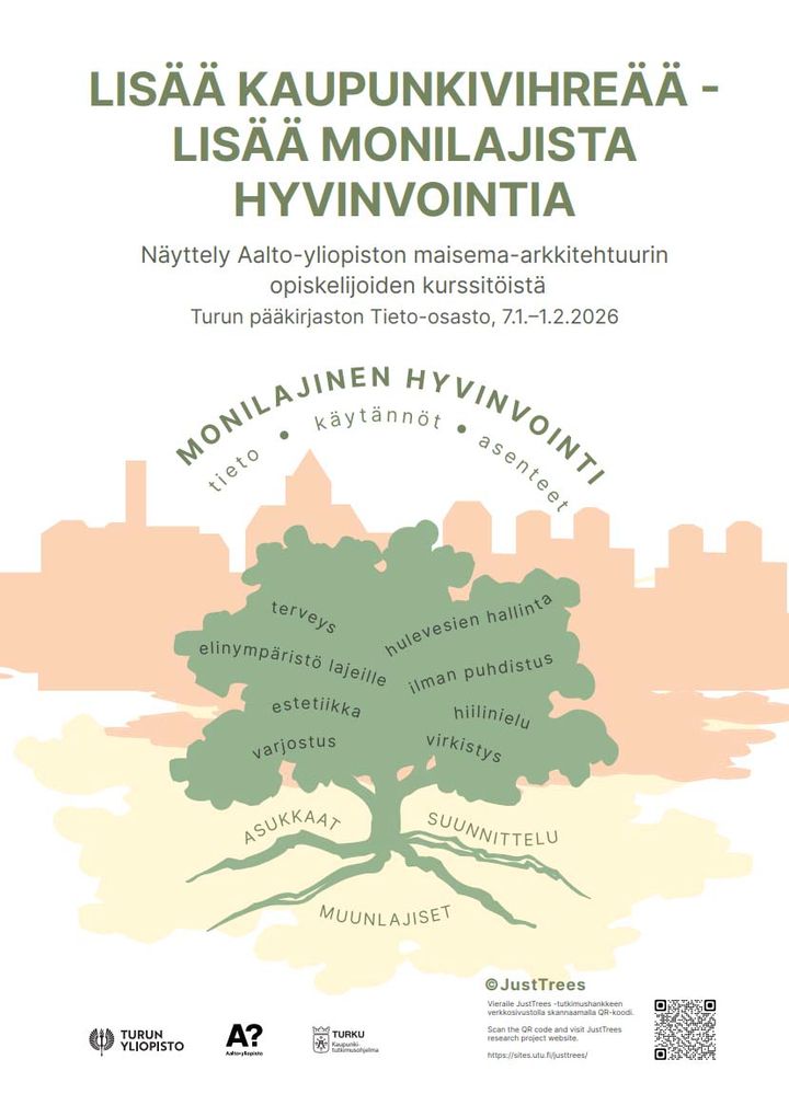 Juliste Aalto-yliopiston maisema-arkkitehtuurin opiskelijoiden näyttelystä Turussa, otsikolla "Lisää kaupunkivihreää - lisää monilajista hyvinvointia". Pyöreässä puunmuotoisessa kuviossa on sanoja, jotka liittyvät hyvinvointiin ja kaupunkivihreään. Tapahtuma on 7.1.–1.2.2026.
