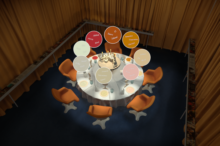 Ympyr%E4n%20muotoinen%20p%F6yt%E4%2C%20jonka%20ymp%E4rill%E4%20on%20kahdeksan%20oranssia%20tuolia.%20P%F6yd%E4n%20keskell%E4%20on%20kakku%20ja%20erilaisia%20juomia.%20P%F6yd%E4n%20yl%E4puolella%20on%20leijuvia%20nimilappuja.%20Taustalla%20on%20keltaiset%20verhot.