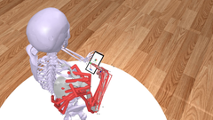 Hahmo, jossa näkyvät luut ja lihakset, istuu ja pitää älypuhelinta kädessään.