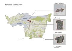 Kartta Tampereen kantakaupungista, jossa korostettu kolme aluetta: Ranta-Tampella, Tammela ja Hervantajärvi.