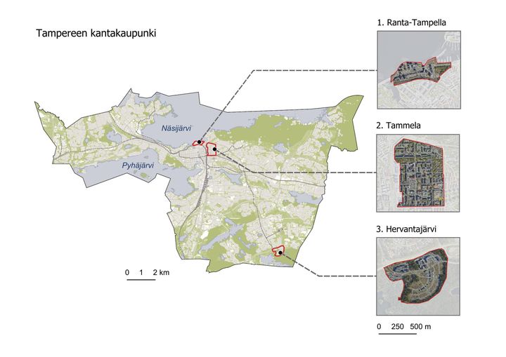 Kartta%20Tampereen%20kantakaupungista%2C%20jossa%20korostettu%20kolme%20aluetta%3A%20Ranta-Tampella%2C%20Tammela%20ja%20Hervantaj%E4rvi.