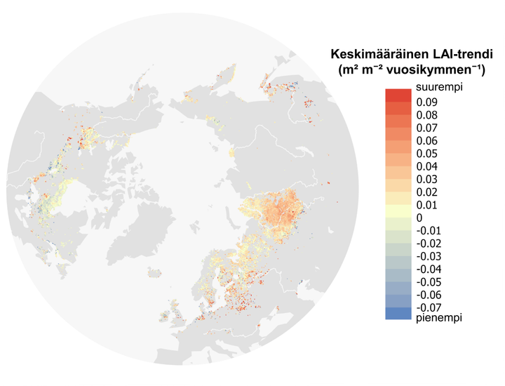 Pohjoisen%20pallonpuoliskon%20kartta%2C%20jossa%20v%E4rein%20esitet%E4%E4n%20lehtialaindeksin%20%28LAI%29%20muutos%20vuosina%202001%u20132023%3A%20punainen%20kuvaa%20kasvua%2C%20sininen%20v%E4henemist%E4%20ja%20keltainen%20muuttumattomia%20alueita.%20Suurin%20kasvu%20n%E4kyy%20Siperian%20ja%20It%E4-Aasian%20alueilla.