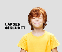 Punahiuksinen poika silmät kiinni ja lapsen oikeuksien logo