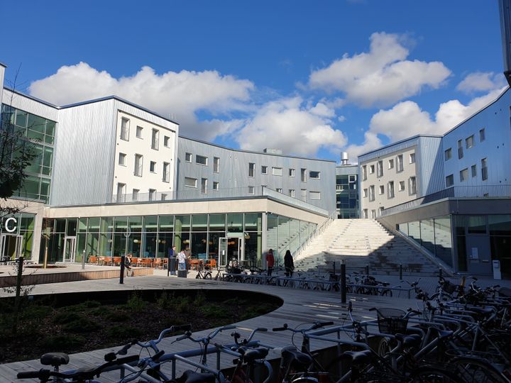 Moderneja opiskelija-asuntoja aurinkoisena päivänä.