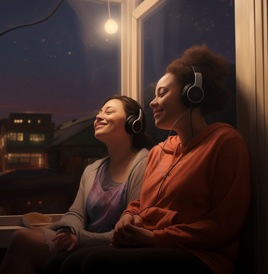 Tekoälyllä luotu kuva, jossa kaksi ihmistä istuvat ikkunan edessä kuulokkeet korvillaan.