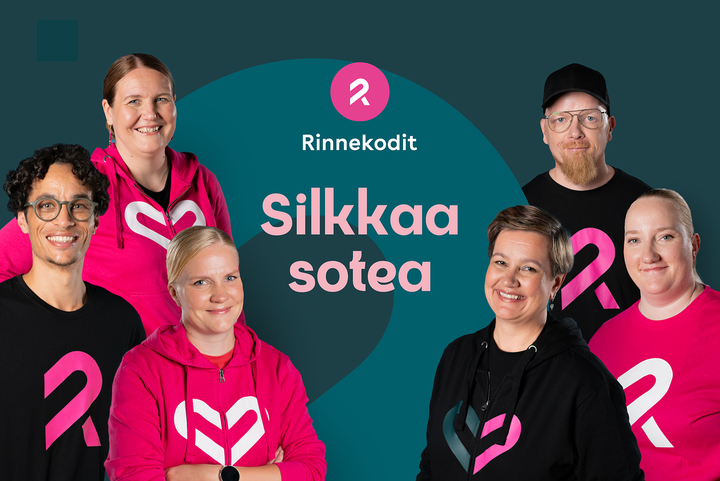 Kuusi Rinnekotien työntekijää ja taustalla teksti Silkkaa sotea.