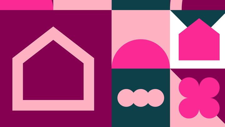 Abstrakti, geometrinen kuvitus pinkin, vaaleanpunaisen, tumman turkoosin, valkoisen ja violetin sävyissä.
