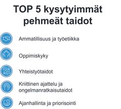 Top 5 kysytyimmät pehmeät taidot Suomessa: ammatillisuus ja työetiikka, oppimiskyky, yhteistyötaidot, kriittinen ajattelu ja ongelmanratkaisutaidot sekä ajanhallinta ja priorisointi.