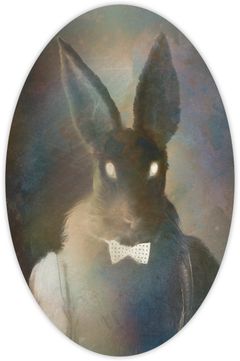 A surreal illustration of a rabbit with glowing eyes, wearing a polka dot bow tie and suspenders, against a dreamy background.