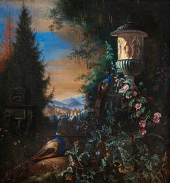 Målning föreställande påfåglar i en trädgård med blommor, en antik urna och utsikt över staden Rom i bakgrunden.