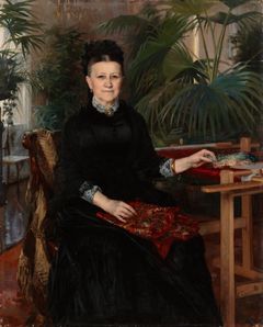 Portrait of Mrs. Anna Sinebrychoff seated with embroidery, surrounded by lush green plants.