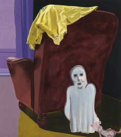 Behind the armchair is a ghost and a pig.