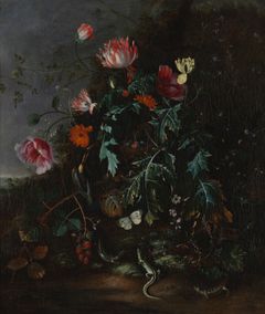 The arrangement features flowers, plants, lizards, and butterflies.