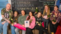 Kuvassa palkittu Vamos Jyväskylän tiimi, vasemmalta lukien Ville Holm, Hanna Lamberg , Henri Korhonen, Mirkka Torikka, Jenna Oksanen, Evelina Braam & Pipsa Niemi.