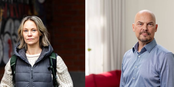 Kuvassa on kaksi erillistä kuvaa. Yhdessä on ulkovaatteisiin pukeutunut nainen, joka katsoo suoraan kameraan ja toisessa on kauluspaitaan pukeutunut mies, joka on sisätiloissa. Hänkin katsoo suoraan kameraan.