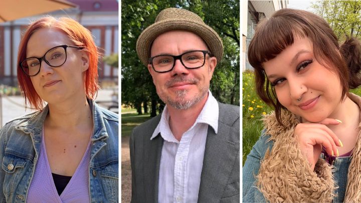 Kolme rinnakkaista lähikuvaa: vasemmalla punatukkainen nainen silmälaseissa farkkutakissa ja violetti paita, keskellä keski-ikäinen mies hatussa, silmälaseissa ja kauluspaidassa liivillä, oikealla ruskeahiuksinen nainen otsahiuksilla, hymyillen ulkoilmataustalla.