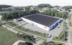 Havainnekuva ABB Marine & Ports -liiketoiminnan logistiikka- ja huoltokeskuksen uusista tiloista Raisioon.