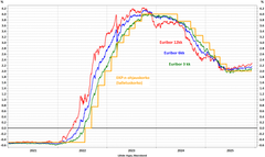 Korko-odotukset ovat vakiintuneet kahden prosentin tuntumaan. EKP nosti ohjauskorkojaan kymmenen kertaa ja laski vastaavasti kahdeksan kertaa.