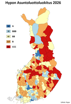 Pirkkala yltää yhä A+-luokitukseen. Espoo,  Helsinki, Kempele, Lempäälä, Oulu, Tampere ja  Turku saavat Hypolta tänä vuonna vakaan A-luokituksen.