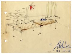 Sisustusluonnos Interbau-näyttely, 1957, Maija Heikinheimo. Piirustus Artek-kokoelma, Alvar Aalto -museo.