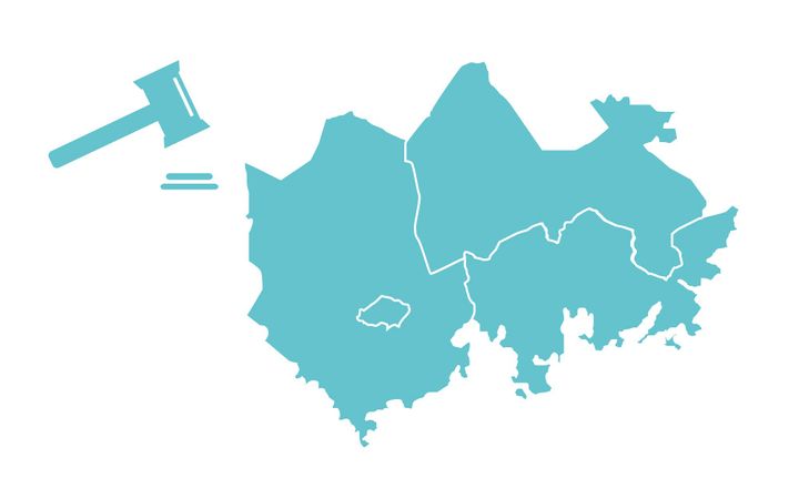 graafinen kuva alueesta ja nuija kuvaamaan päätöksentekoa