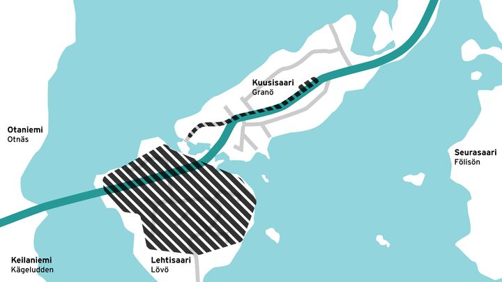 Kartta, jossa saneeraustöiden alue on merkitty mustalla värillä Lehtisaaren ja Kuusisaarentien kohdalla.